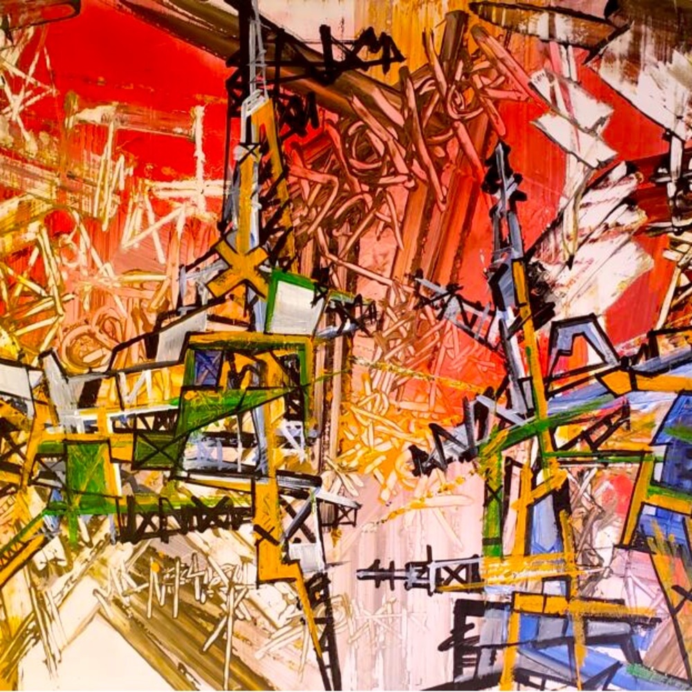 Original Wall art painting Mixed Media on Canvas 36”x48”x2” titled “Praça”